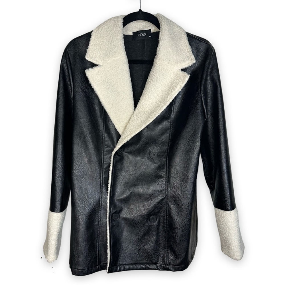 [ CIDER ] Black Faux Leather oversized Jacket Faux Shearling Trim: XL: L…